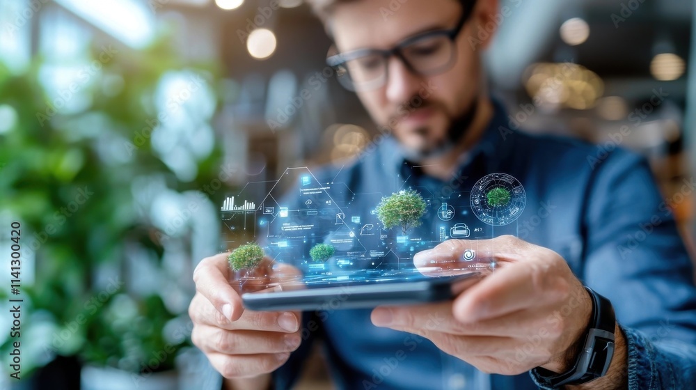 Poster portrait of a businessman using a tablet device with various potted plants displayed on his desk in 
