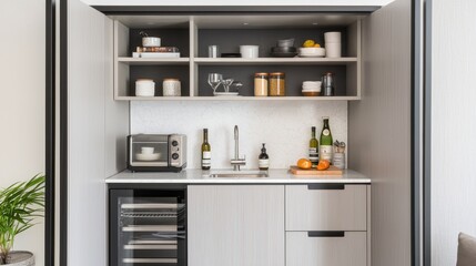 A compact kitchenette design on a white background, featuring modern cabinetry, a small marble countertop with a sink, and built-in appliances. Stylish open shelving with neatly placed decor 