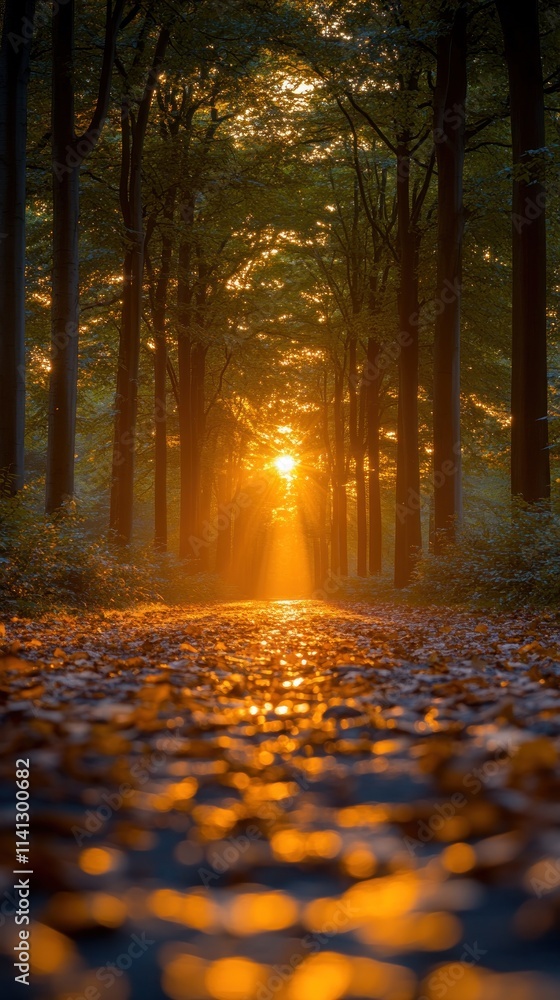 Poster a tranquil forest path illuminated by a warm sunset, creating a serene atmosphere.