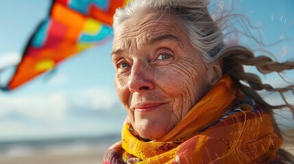 Obraz premium Close-up of senior woman's face filled with joy as she flies a colorful kite on a sunny day at the beach.