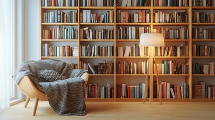 A cozy home library interior isolated on a white background, featuring a tall wooden bookshelf filled with books, a comfortable reading chair with a blanket, and a soft floor lamp. The space 