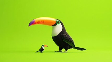 Naklejka premium Two cartoon toucans on a bright green background.