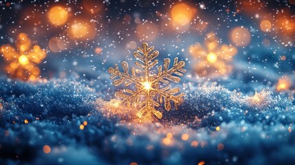 blue christmas background with golden bokeh lights and snowflakes for winter holiday decoration