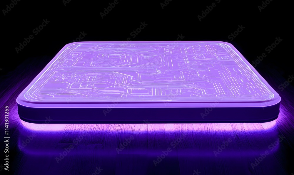 Poster purple glowing platform with circuit pattern.