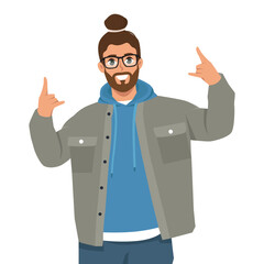 Young man gesturing, doing or making rock and roll symbol or sign with hands up. Flat Vector character illustration