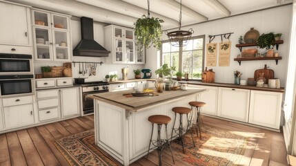 Fototapeta premium Rustic Farmhouse Kitchen Design Inspiration: Warm White Cabinets, Wooden Island, and Charming Decor