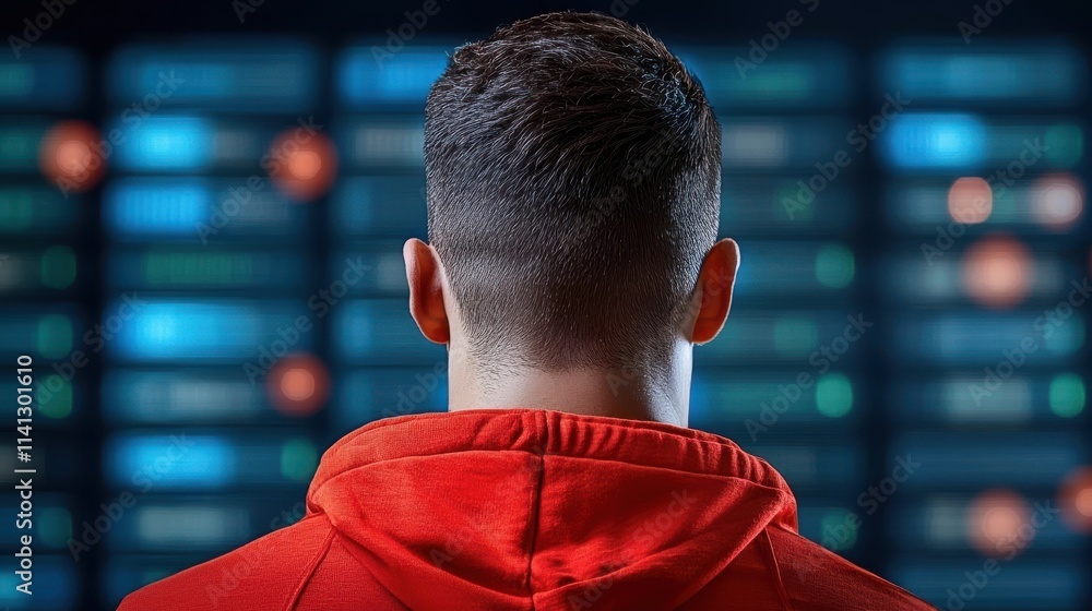 Poster concentrated tech professional working on computer in a minimalist and modern workspace with digital