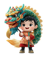 Cute Asian Child in Traditional Chinese Attire Holding Vibrant Dragon Head for Chinese New Year Celebration, isolated on transparent background, png
