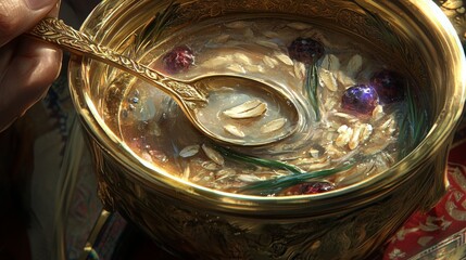 Close-up View of a Golden Bowl Filled with Oatmeal, Fresh Berries, and Nutritious Ingredients, Capturing the Essence of Healthy Breakfast Options and Culinary Delight