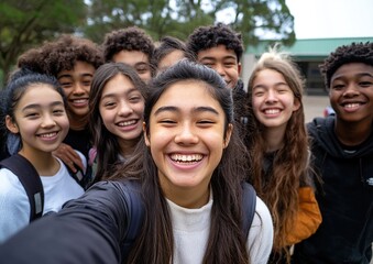 Diverse Teenagers Smiling, Happy Group Selfie, Youthful Friends Showing Joyful Expressions Outdoors