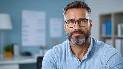 Obraz premium Mature Bearded Caucasian Businessman Sitting at Desk Using Laptop Computer in Corporate Office Setting Serious and Focused Professional Looking Determined and Career Oriented