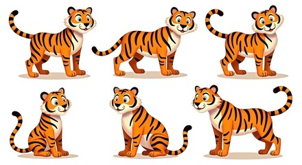 Obraz premium Playful Cartoon Tiger Set Illustration for Children's Books and Educational Materials with Cute Tiger Characters