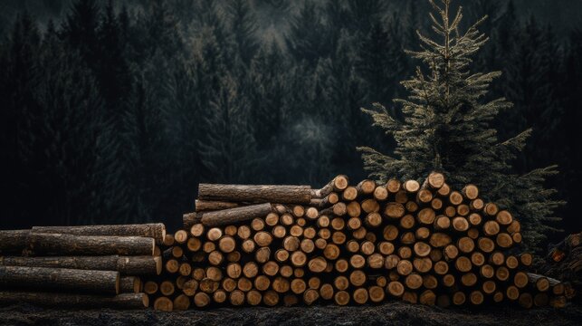 Majestic Woodpile in a Dark Forest Landscape - Powered by Adobe