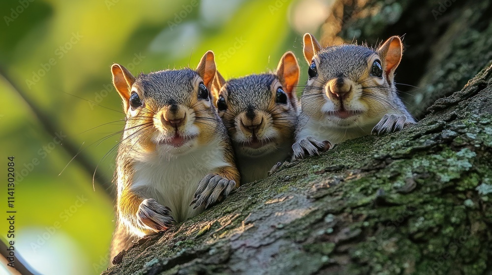 Poster three squirrels peering from a tree, showcasing their playful expressions.