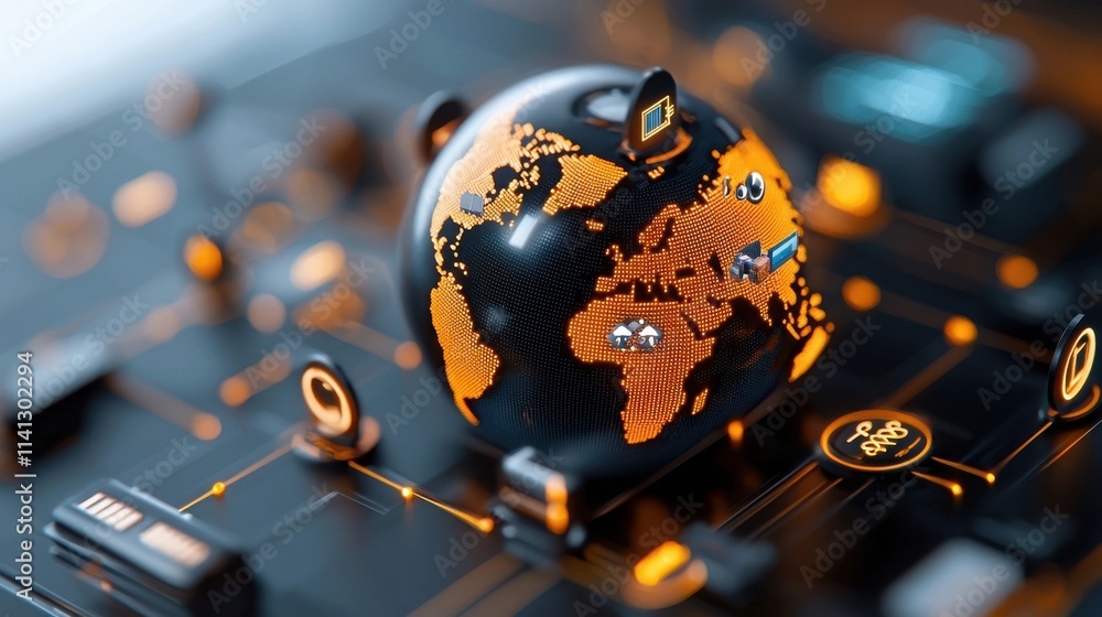 Aufkleber glowing 3d globe model on abstract dark office desk with digital data connections and analytics visu