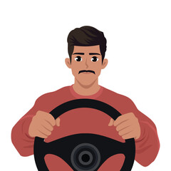 Man Driver Character Holding Hands on a Steering Wheel. Flat Vector character illustration
