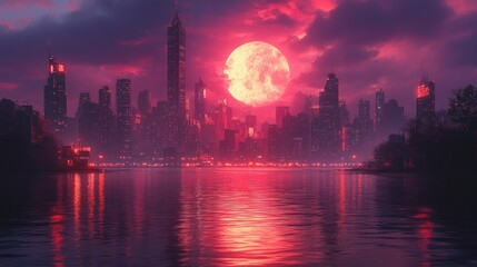 Naklejka premium Futuristic Cyberpunk City Skyline at Night with Neon Skyscrapers and Water Reflections