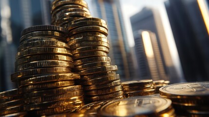 Golden coins stacked high against city backdrop.