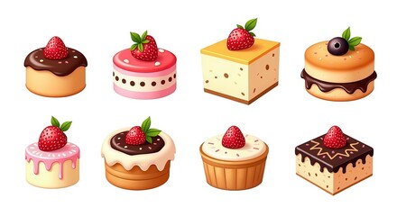 Colorful Dessert Set of Illustrated Cakes with Chocolate, Berry, and Cream Toppings for Graphic Use and Design Inspiration