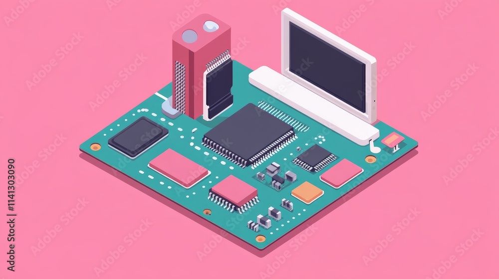 Poster conceptual art of computer chip and tech gadgets
