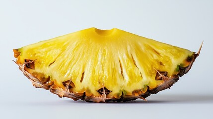 A fresh-cut pineapple slice with visible juicy texture isolated on white, showcasing its bright yellow interior and rough-edged outer rind, with glistening moisture droplets enhancing its tropical 