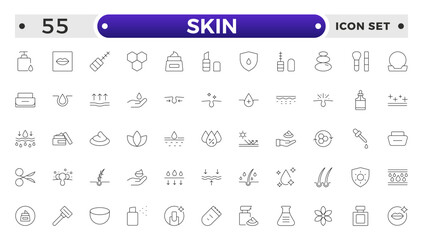 Skin care Outline icons set. Moisture cream, acid, anti wrinkle serum, ceramide, collagen, retinol compound, sunscreen vector illustration.