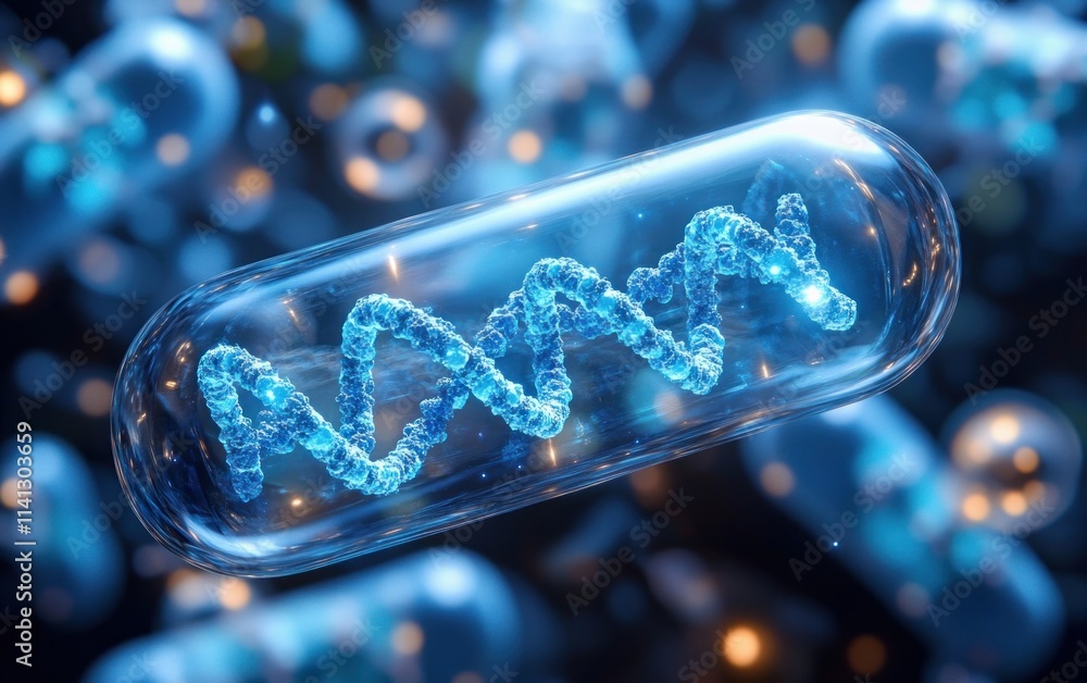 Poster futuristic dna capsule with translucent cells 3d rendering