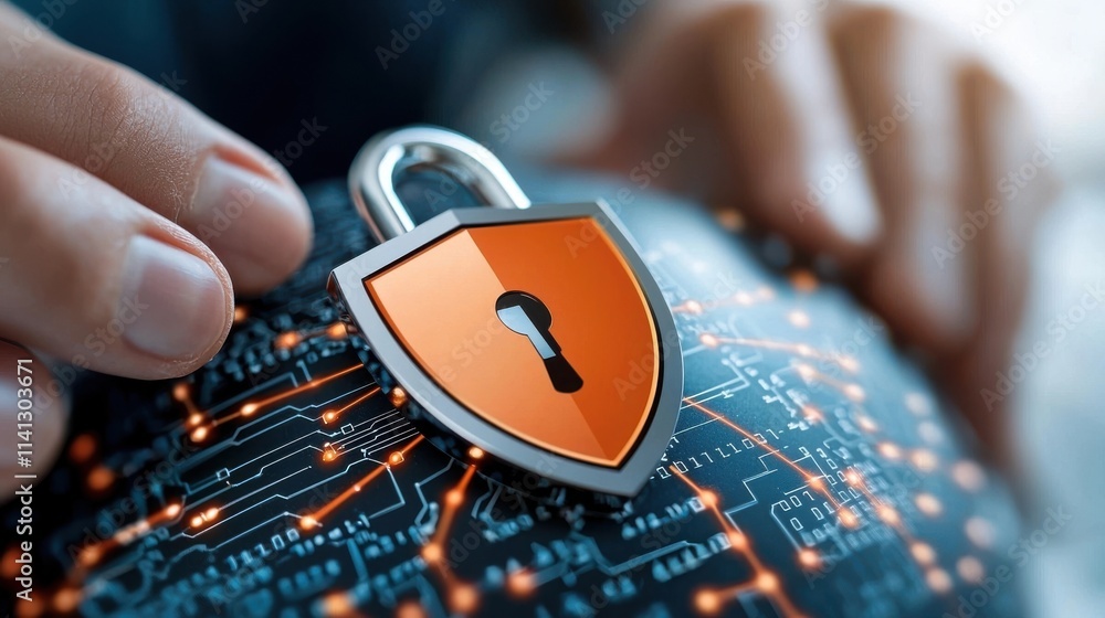 Poster close up shot of an orange padlock icon placed on top of a complex electronic circuit board symboliz