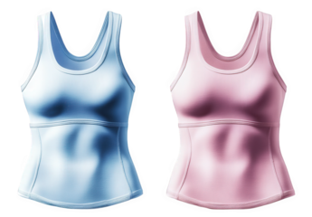 two sleeveless undershirts. one blue and one pink. are presented on a transparent background they are both made of a soft. breathable fabric and have a classic tank top design they are perfect for lay