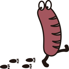 ソーセージのキャラクターと足跡のカーボンフットプリントのイラスト素材
