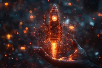 Futuristic Digital Artwork with Hand Reaching for Glowing Rocket Icon and Upward Arrows in Cyberpunk Style