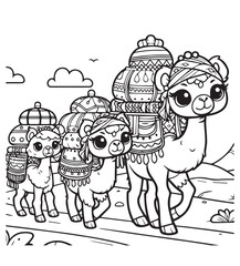 Coloring page design education camel walk in dessert nature