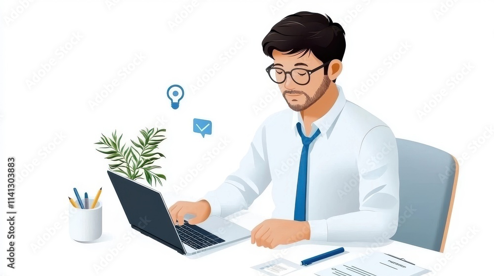 Poster determined and hardworking businessman sitting at a desk intently focused on his laptop computer as 