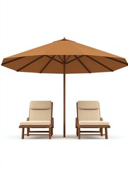 Two lounge chairs under a large brown umbrella, creating a relaxed outdoor seating area, perfect for enjoying sunny days.