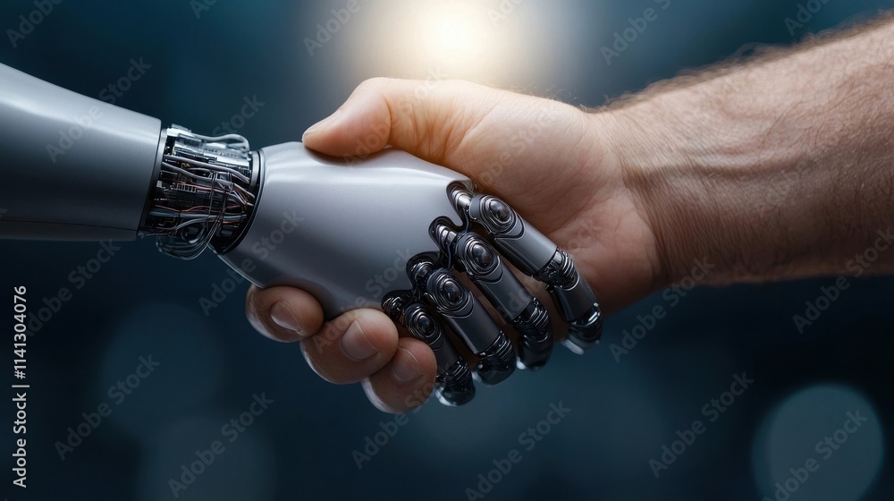 Poster futuristic handshake between metallic robotic hand and human hand depicting the and partnership betw