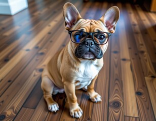 A bespectacled brown French Bulldog surveys its surroundings from a comfortable spot on a rich brown wood floor, its curious gaze locked on the viewer's lens as it sports stylish black frames with blu