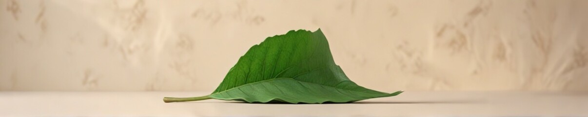 A single green leaf isolated on a cream-colored background, soft, leafy