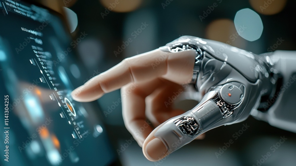 Poster closeup of a robotic or cybernetic hand interacting with a futuristic high tech digital interface or