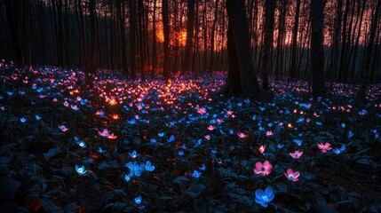 Glowing Flowers Illuminate A Dark Forest At Sunset