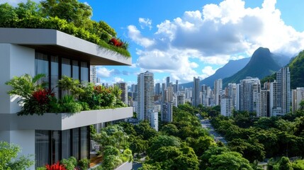 Fototapeta premium Breathtaking panoramic view of the iconic high rise buildings and skyscrapers that make up the vibrant urban skyline of a tropical metropolis