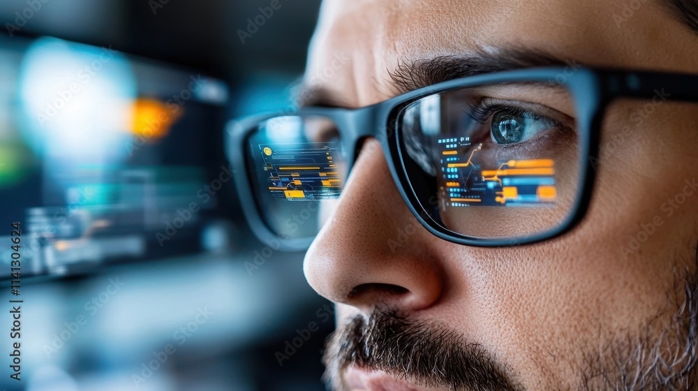 Poster close up portrait of a concentrated individual with glasses intently examining the digital content o