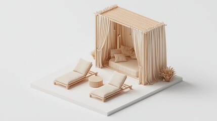 A high-end 3D isometric visualization of a luxury poolside cabana interior, isolated on white, featuring comfortable sun loungers, a small coffee table, and soft flowing curtains. The clean, 