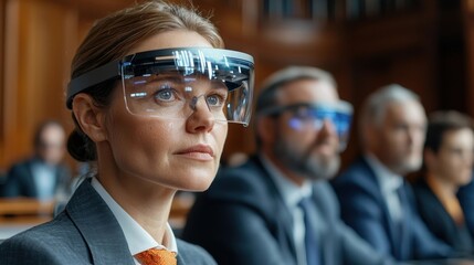 Business team using cutting edge virtual reality and augmented reality technology during an office meeting presentation or conference discussion