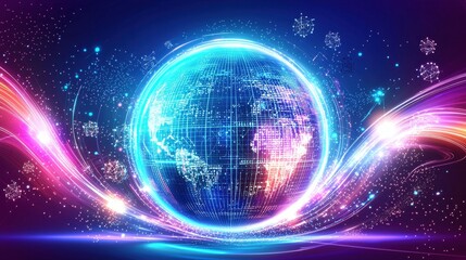 Obraz premium A holographic background illustration of a digital globe, glowing with neon gridlines and surrounded by abstract light pulses. Floating nodes, particles, and binary code swirl around the globe, 