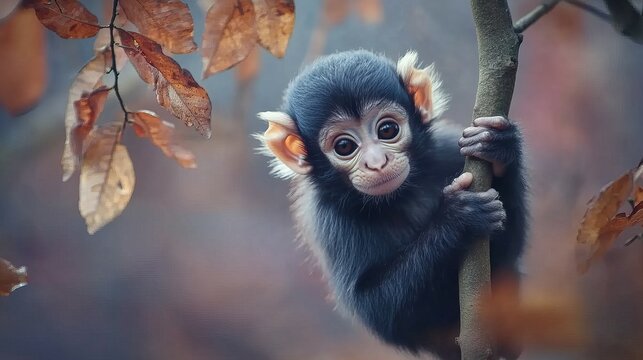 monkey hanging from trees up close, creating award-winning photos that encapsulate the timeless beauty and serenity of nature in the style of National Geographic