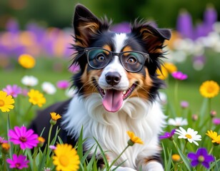 Obraz premium A bespectacled border collie gazes straight into the lens, its intelligent eyes sparkling behind black-rimmed glasses, set against a soft focus backdrop of rolling hills and green fields