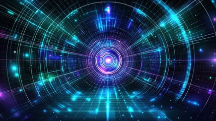 A holographic futuristic tunnel background featuring glowing concentric rings and light beams creating a sense of depth and motion. Neon colors of blue, purple, and teal radiate from the center, 