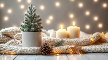 Christmas tree and candles on the wooden board, scarf