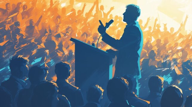 Passionate orator silhouette at podium, addressing a large crowd with dramatic lighting, emphasizing intense political discourse and leadership concepts.