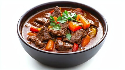 A rich beef stew with colorful vegetables, garnished with fresh herbs, served in a black bowl, perfect for a hearty meal.